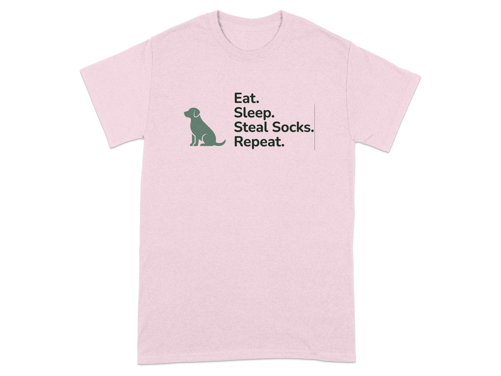 Pink t-shirt with "Eat. Sleep. Steal Socks. Repeat." and dog silhouette.