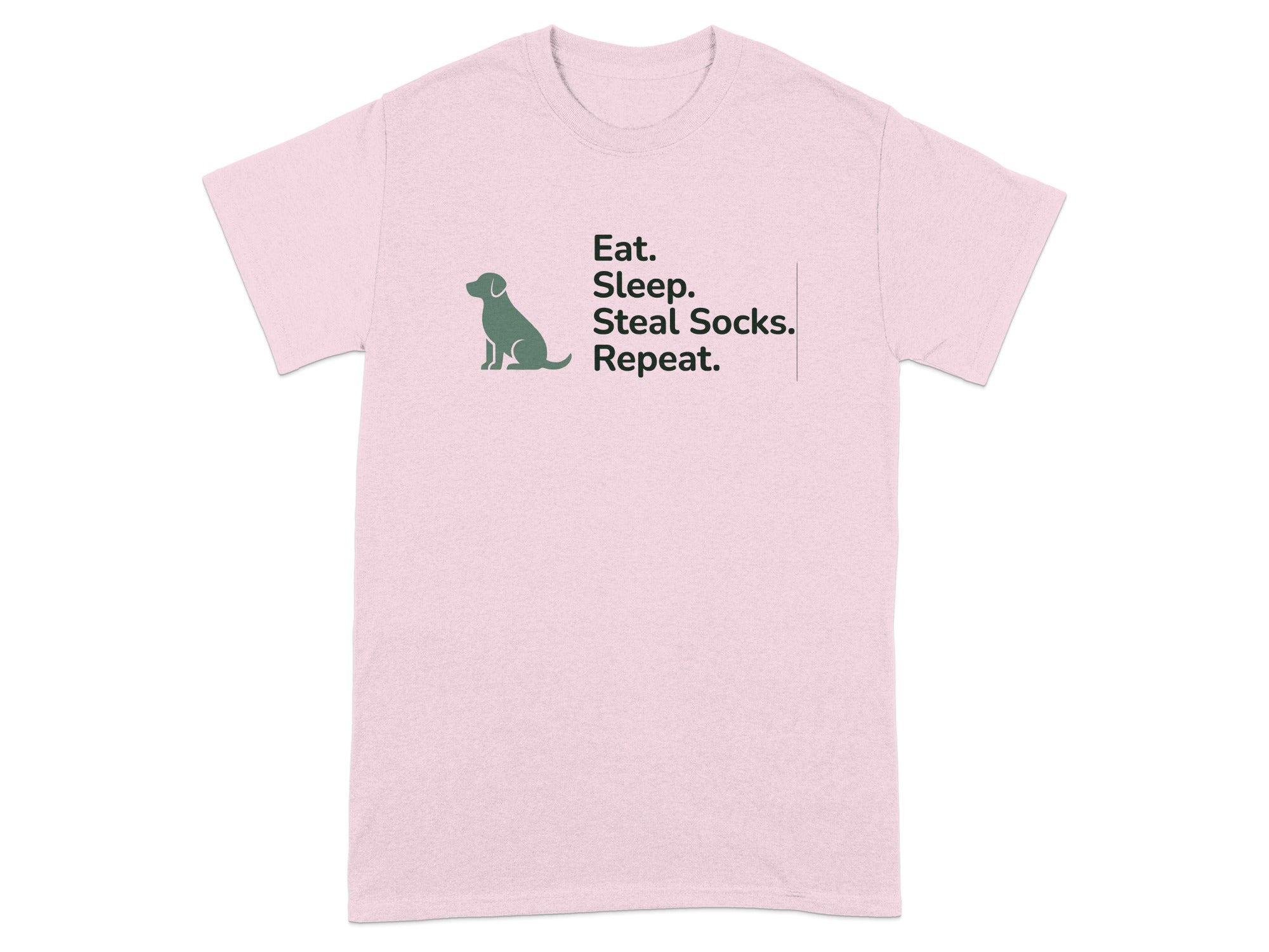 Pink t-shirt with "Eat. Sleep. Steal Socks. Repeat." and dog silhouette.