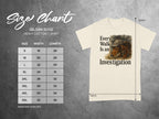 Gildan 5000 t-shirt size chart with dachshund graphic and text "Every Walk Is an Investigation".