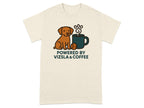 Cream t-shirt with a brown dog, coffee mug, ball, and text "POWERED BY VIZSLA & COFFEE".