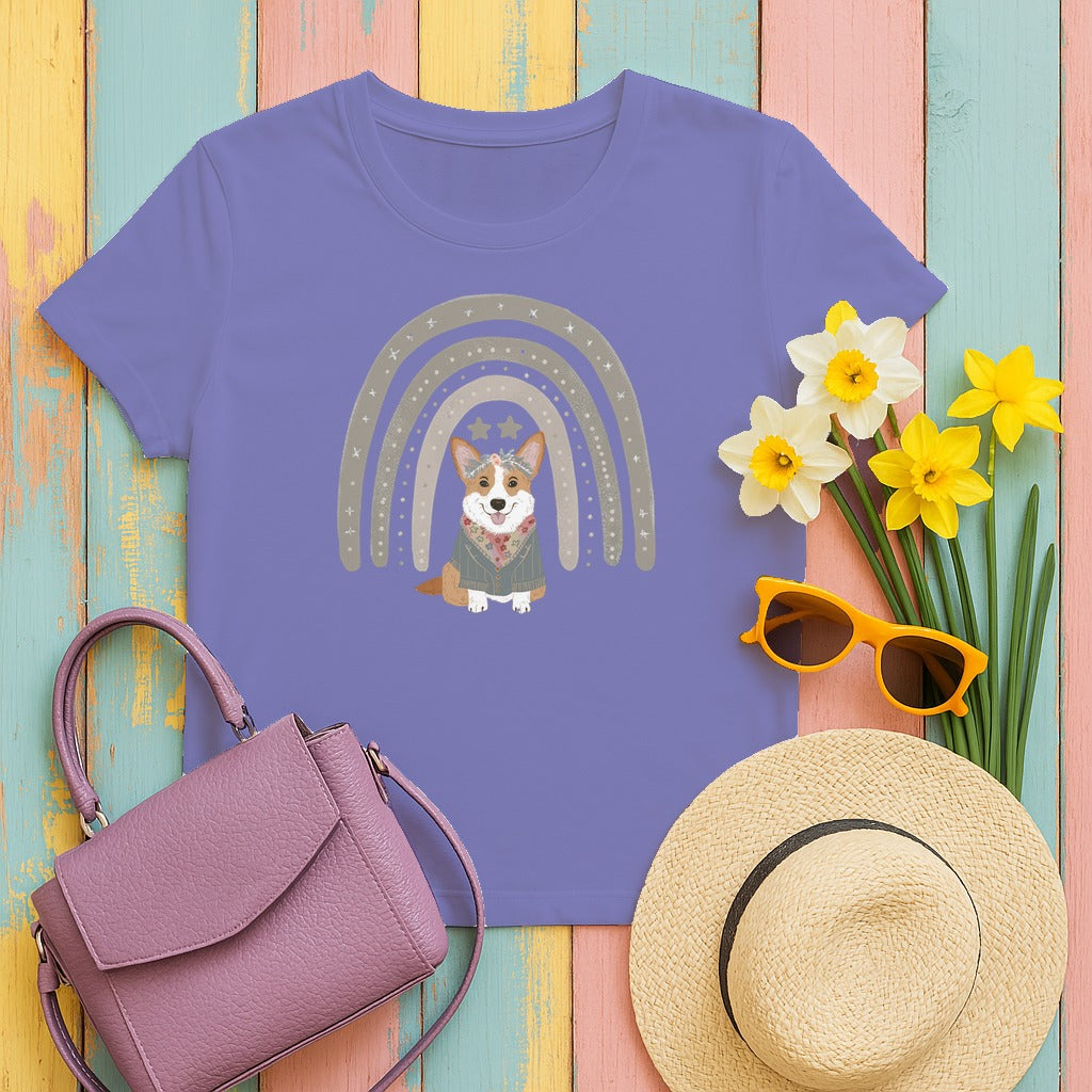 Cute Corgi with Rainbow Stars Print T-Shirts in Violet