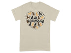 T-shirt with a heart-shaped design of golden and brown dogs and paw prints, featuring the word LABAHOLIC.