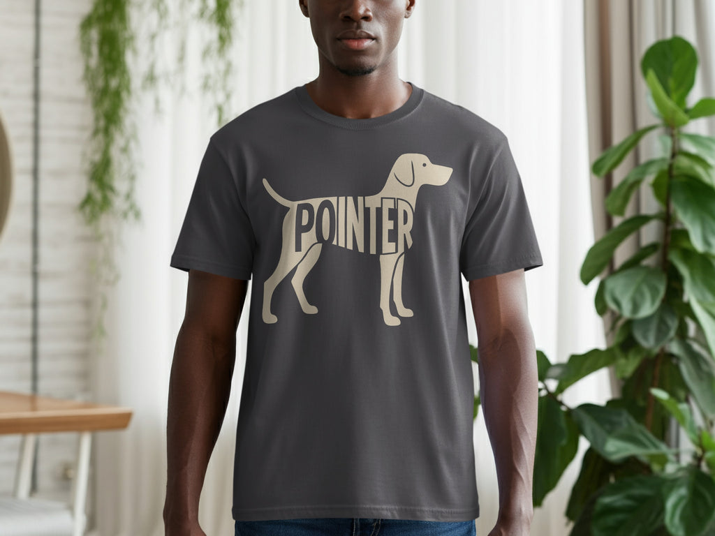 Dark gray t-shirt with a light tan pointer dog outline filled with the word "POINTER".