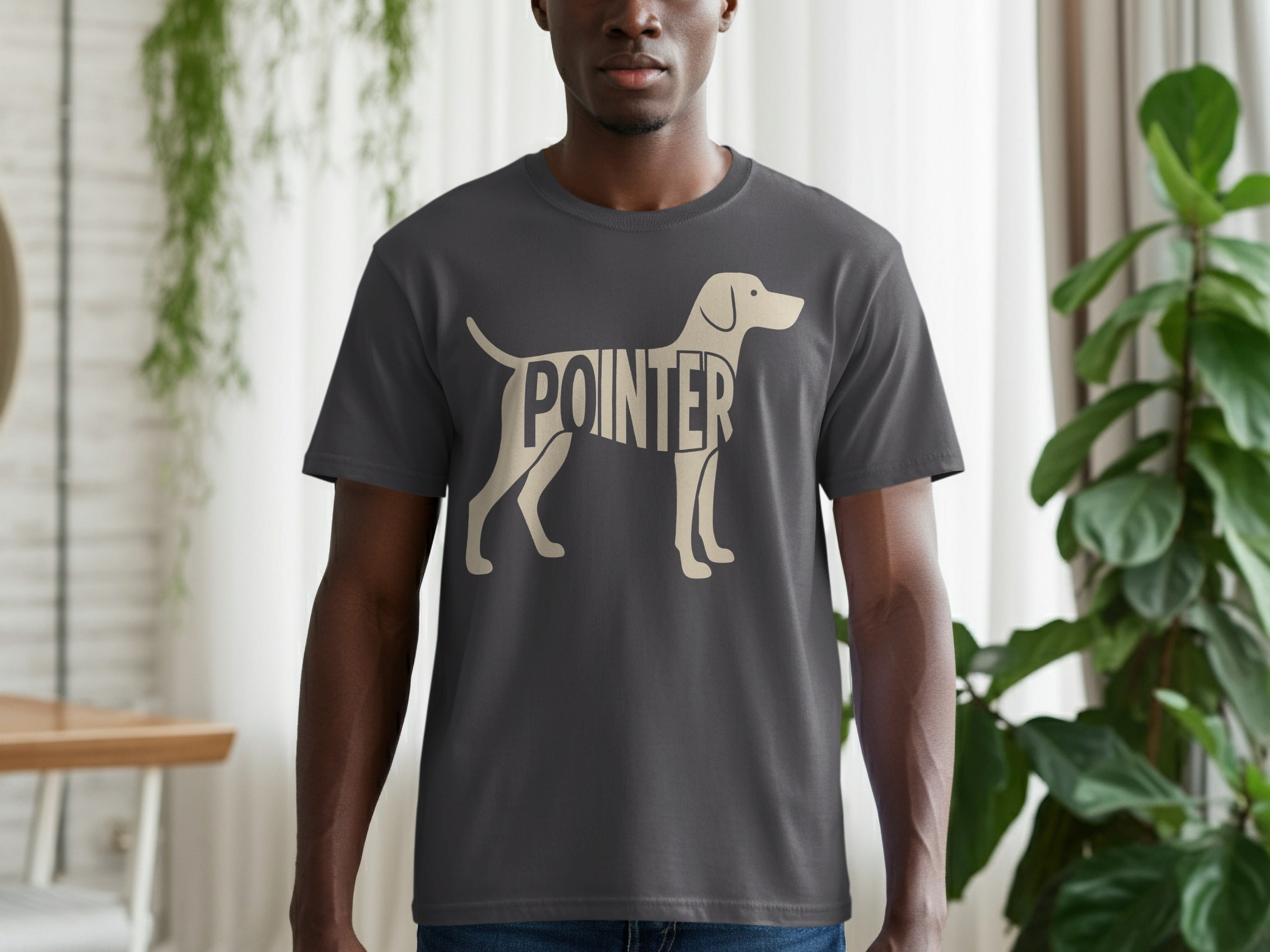 Dark gray t-shirt with a light tan pointer dog outline filled with the word "POINTER".