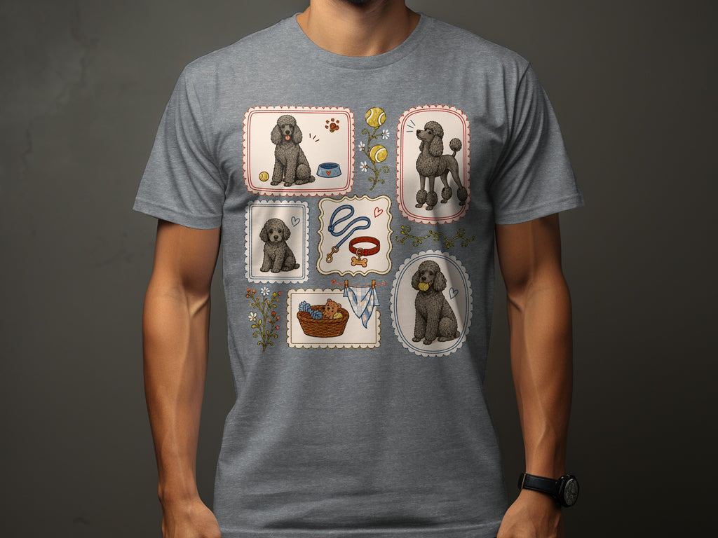 T-shirt with framed illustrations of poodles, a leash, and a dog toy.