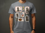 T-shirt with framed illustrations of poodles, a leash, and a dog toy.