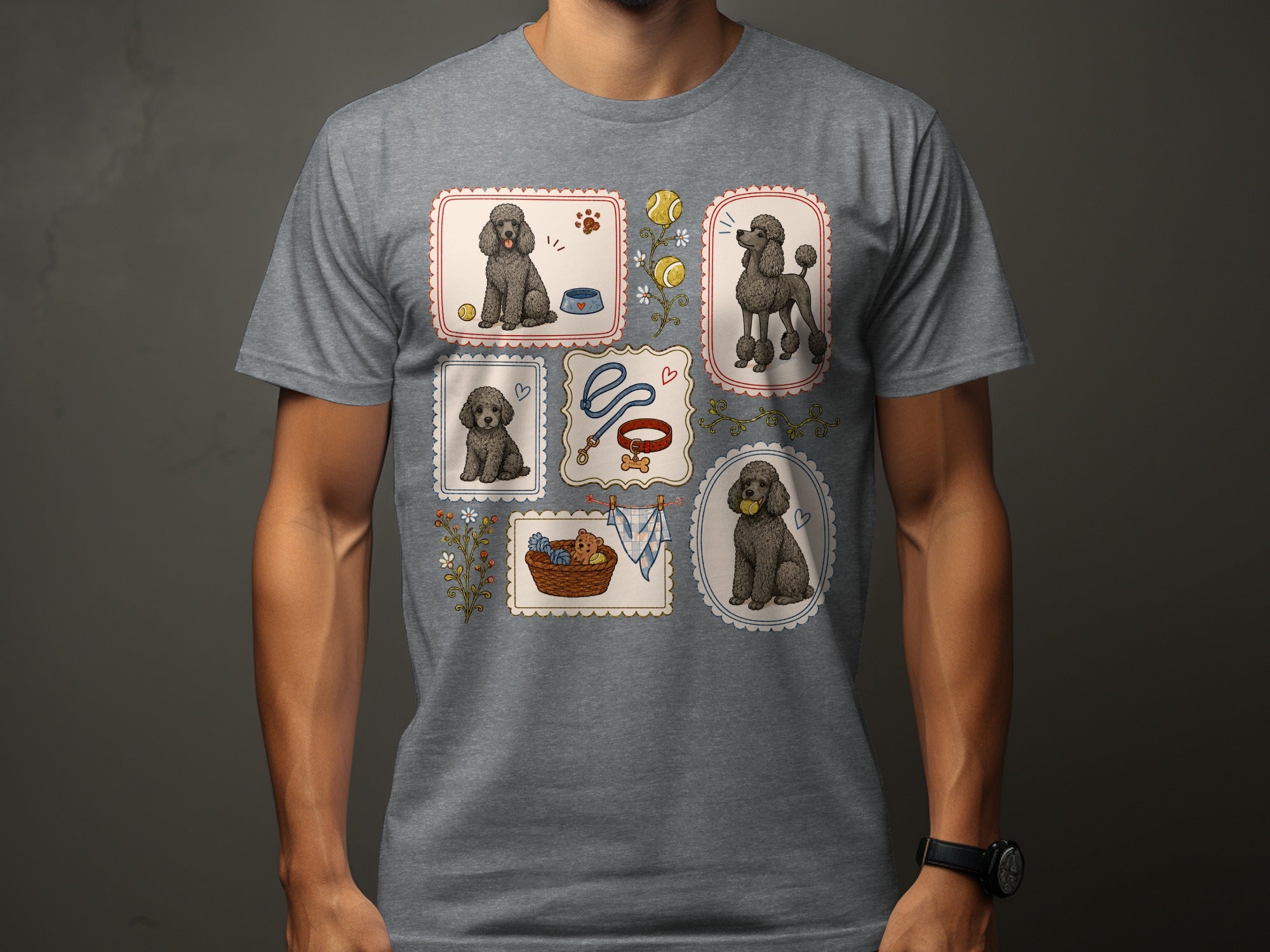 T-shirt with framed illustrations of poodles, a leash, and a dog toy.