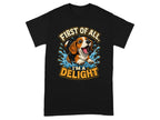 Beagle puppy splashing in water with text "First of all, I'm a delight".