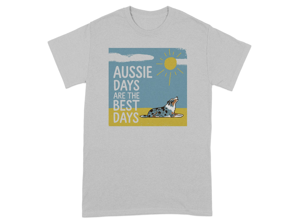 Grey t-shirt with "Aussie Days Are The Best Days" and dog under a sun.