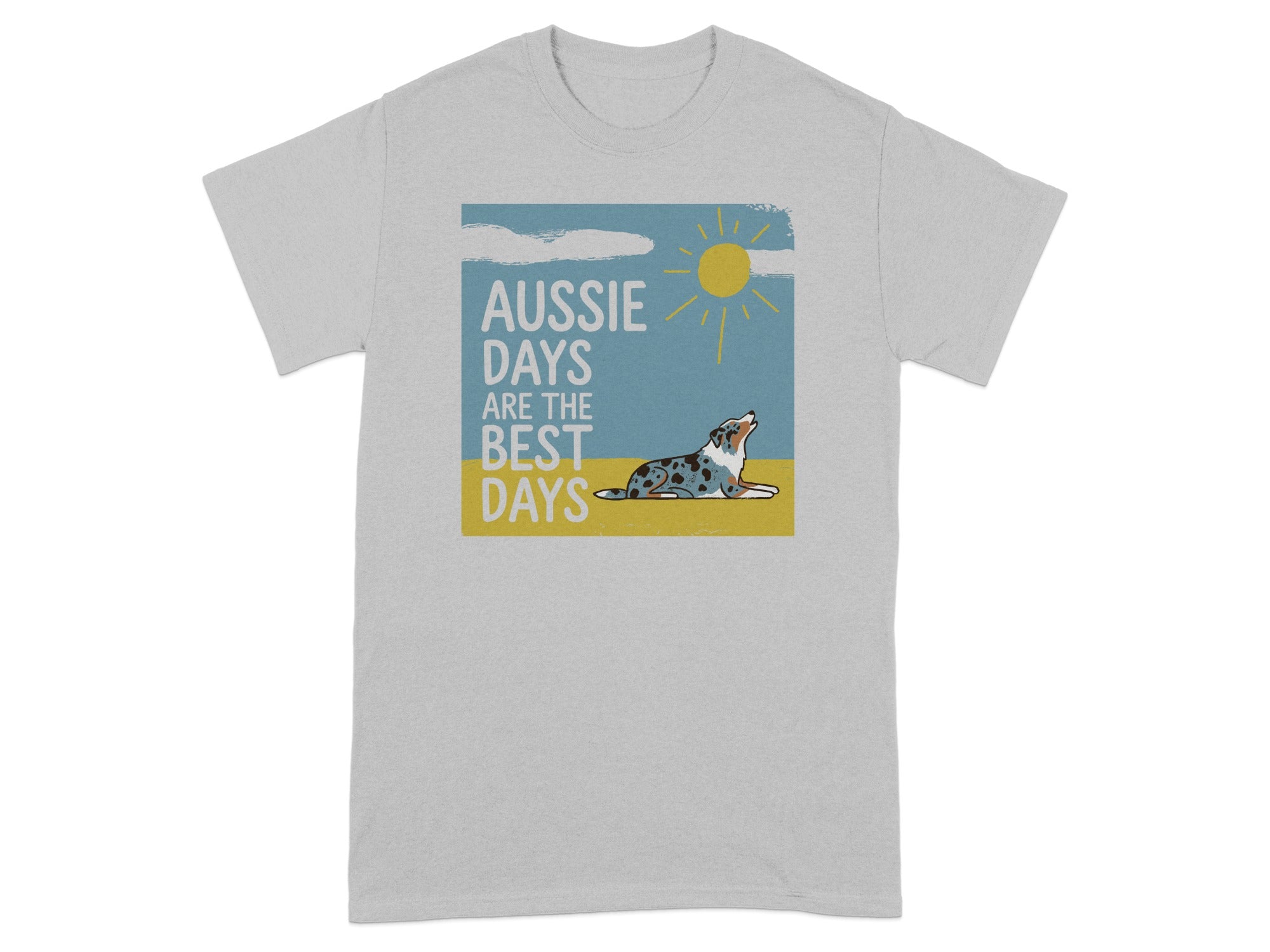 Grey t-shirt with "Aussie Days Are The Best Days" and dog under a sun.
