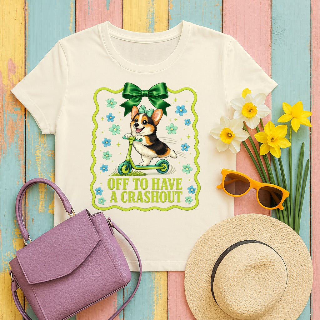 Happy Corgi Scooter "Crashout" T-Shirt in Natural
