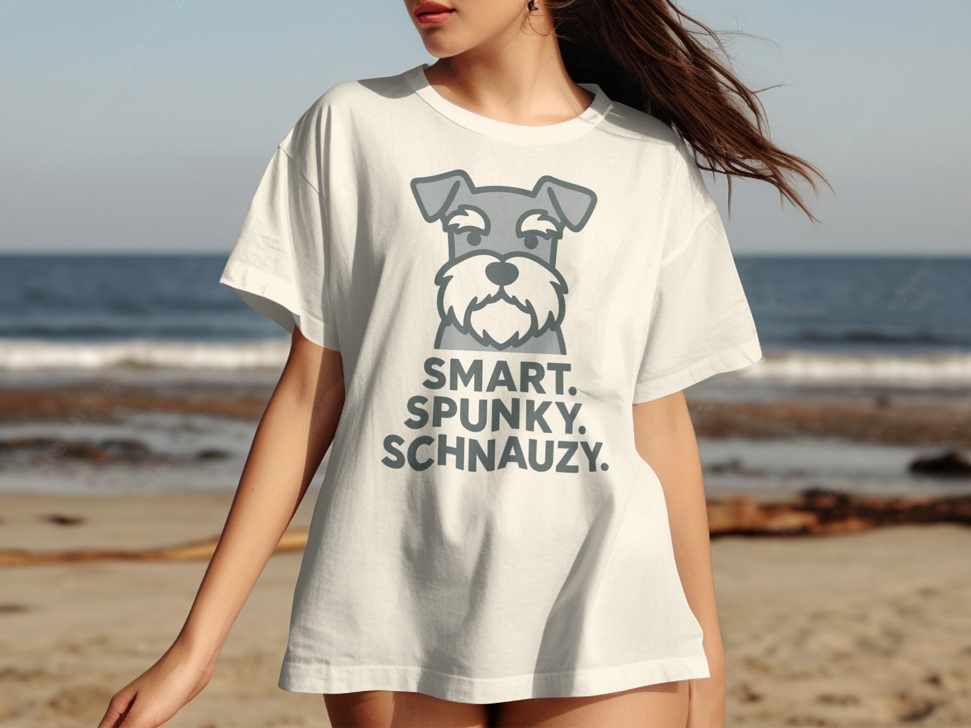 White t-shirt with a cartoon schnauzer and text "SMART. SPUNKY. SCHNAUZY."