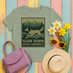 english setter slow-down-chase-squirrels tee flat lay hero
