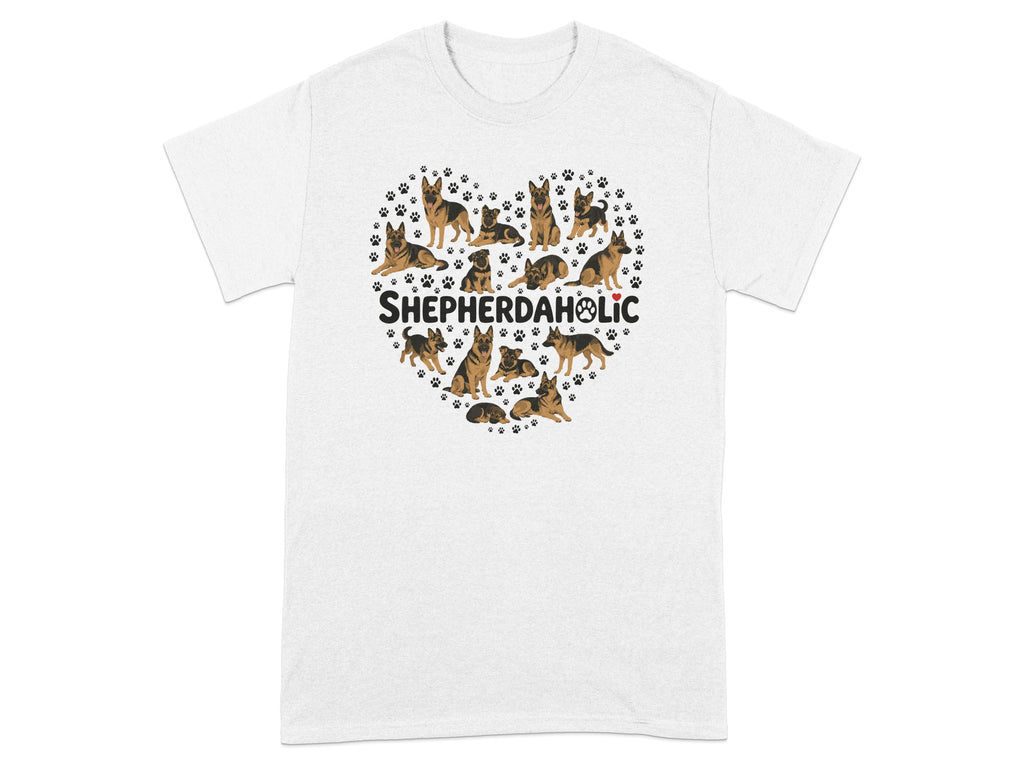 T-shirt with heart-shaped collage of German Shepherd dogs and paw prints.
