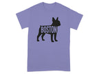 Purple t-shirt with a black silhouette of a Boston Terrier and the word "BOSTON".