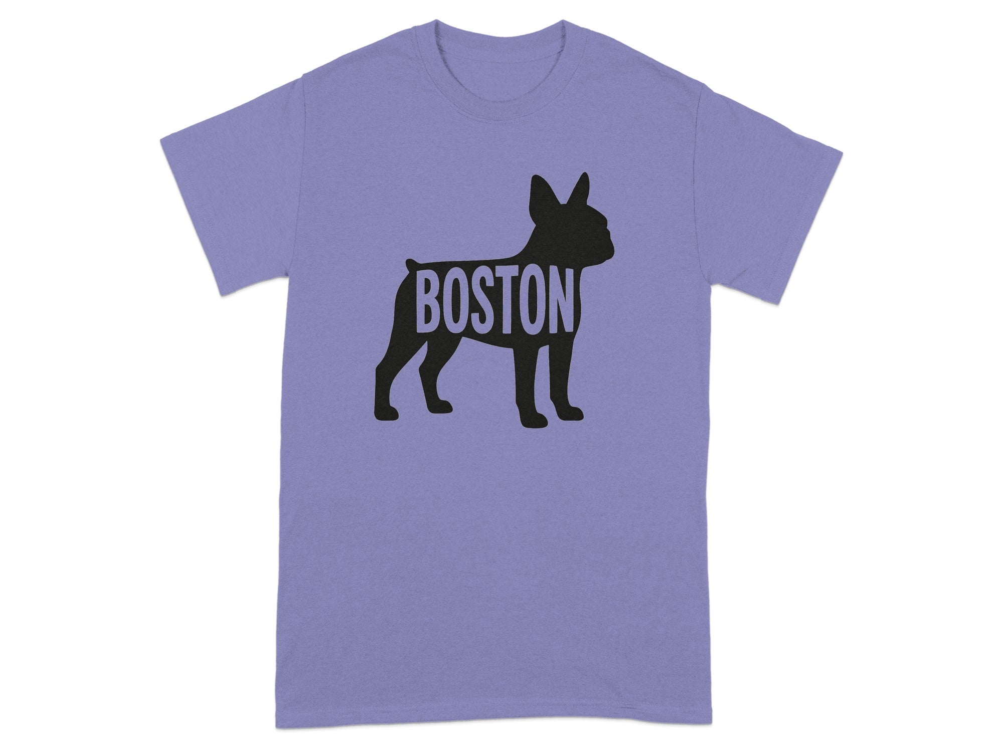 Purple t-shirt with a black silhouette of a Boston Terrier and the word "BOSTON".