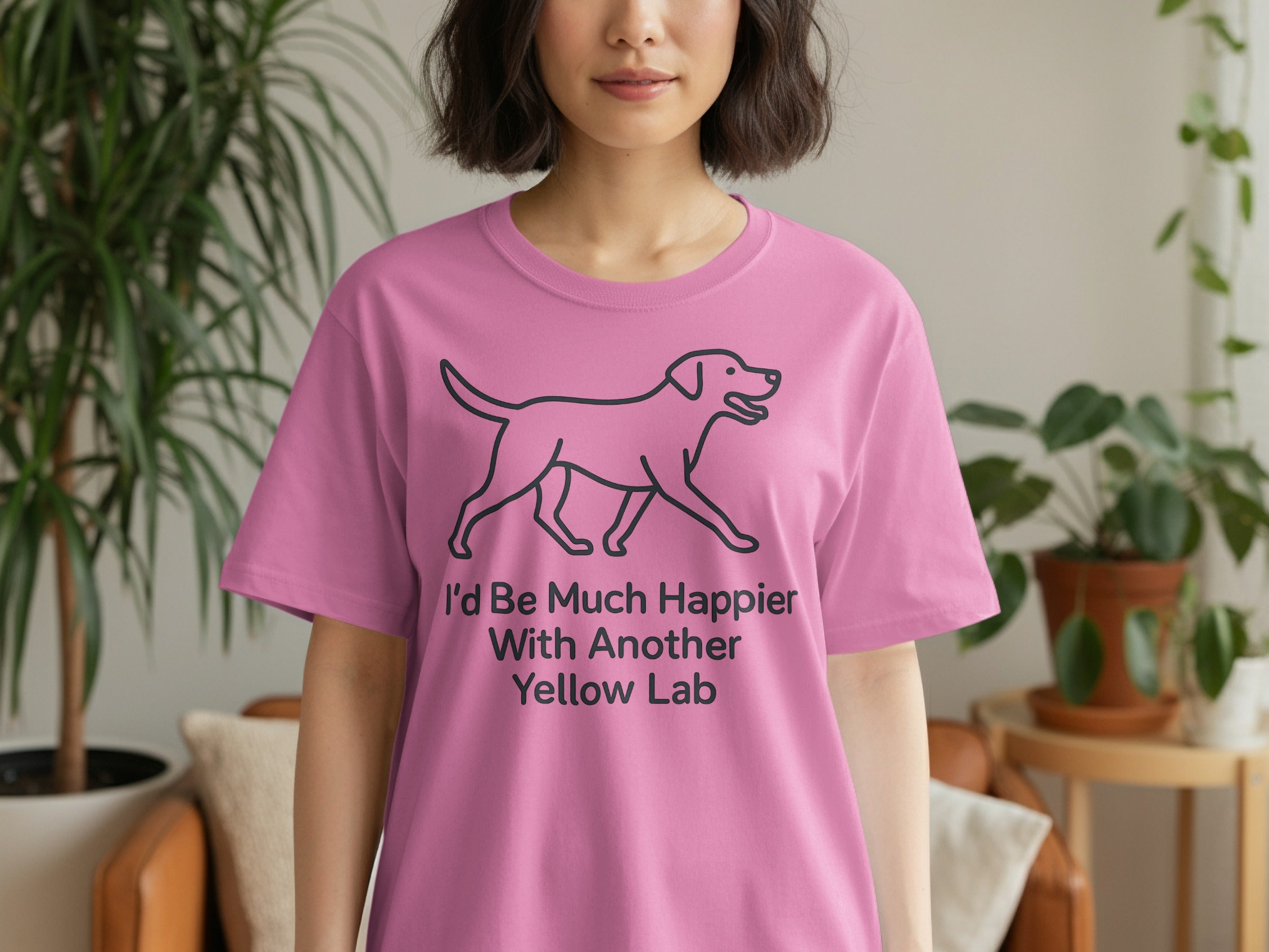 Pink t-shirt with black line drawing of a dog and text: "I'd Be Much Happier With Another Yellow Lab"