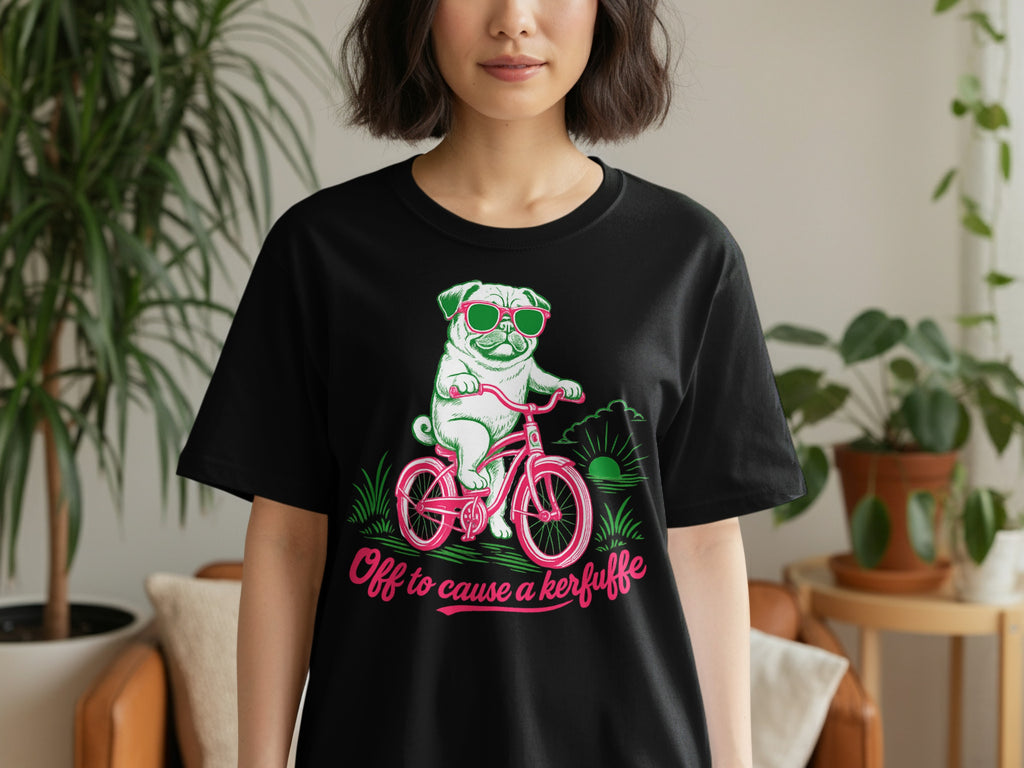 Black t-shirt with a pug wearing sunglasses riding a pink bicycle with text.