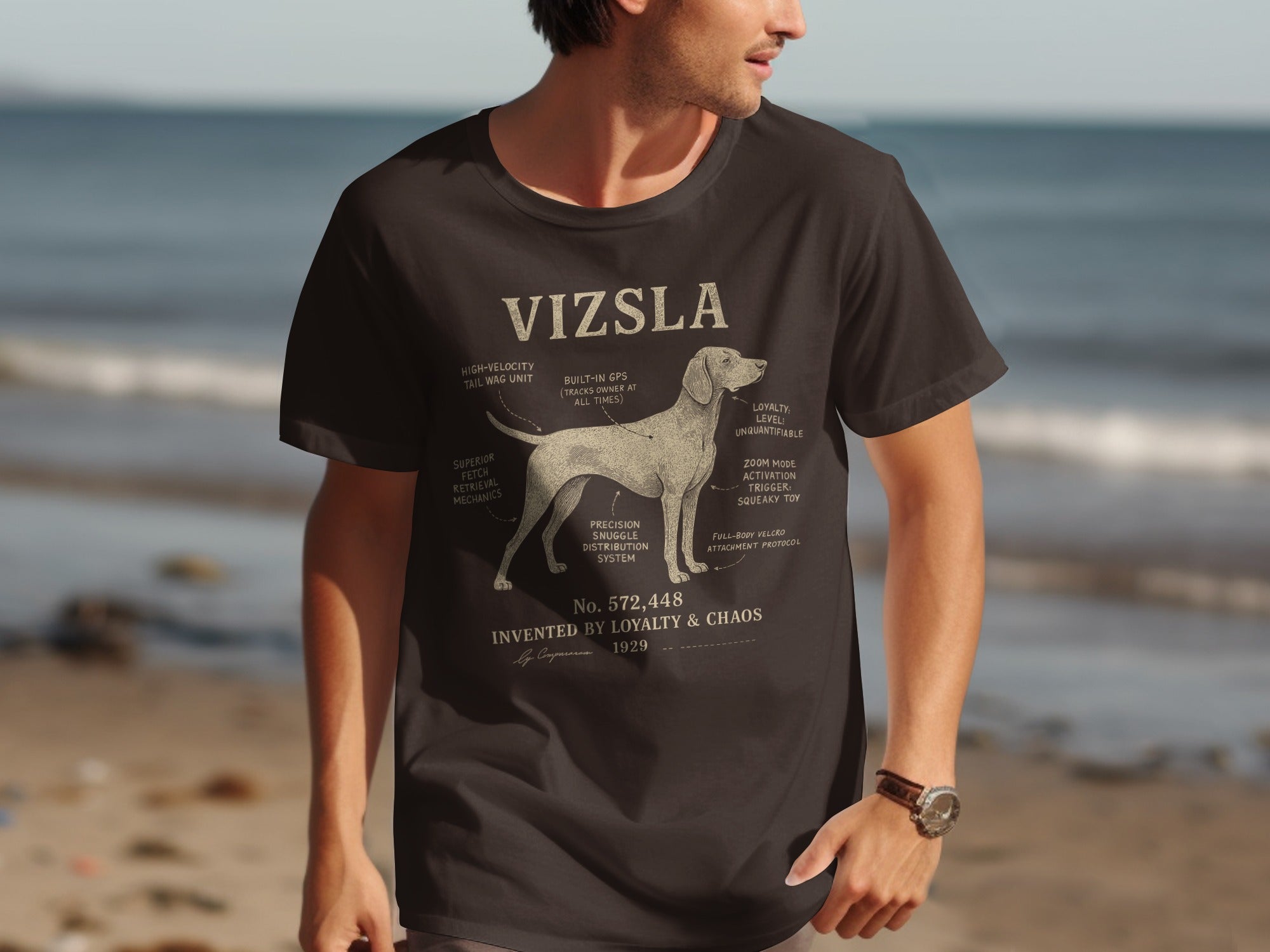 Dark t-shirt with scientific diagram of a Vizsla breed, labeled humorously.