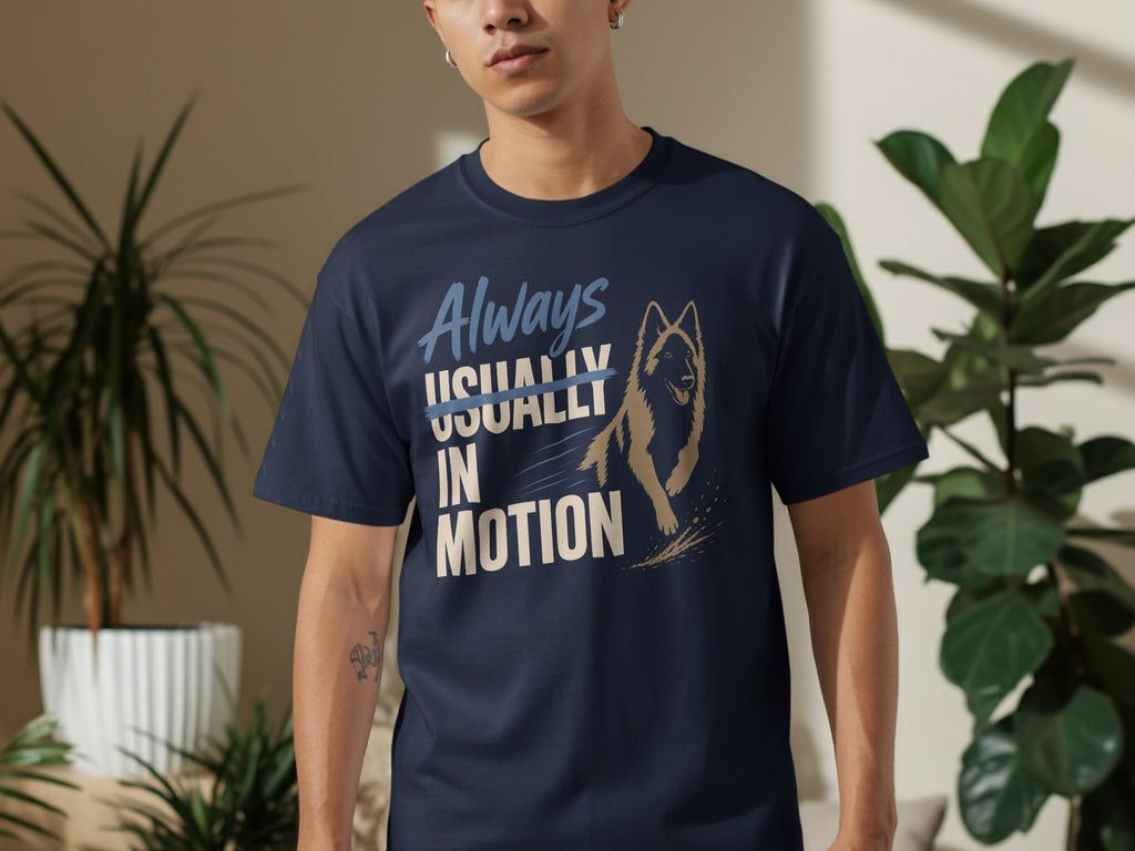 Navy t-shirt with "Always Usually In Motion" and a German Shepherd graphic.