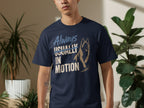 Navy t-shirt with "Always Usually In Motion" and a German Shepherd graphic.