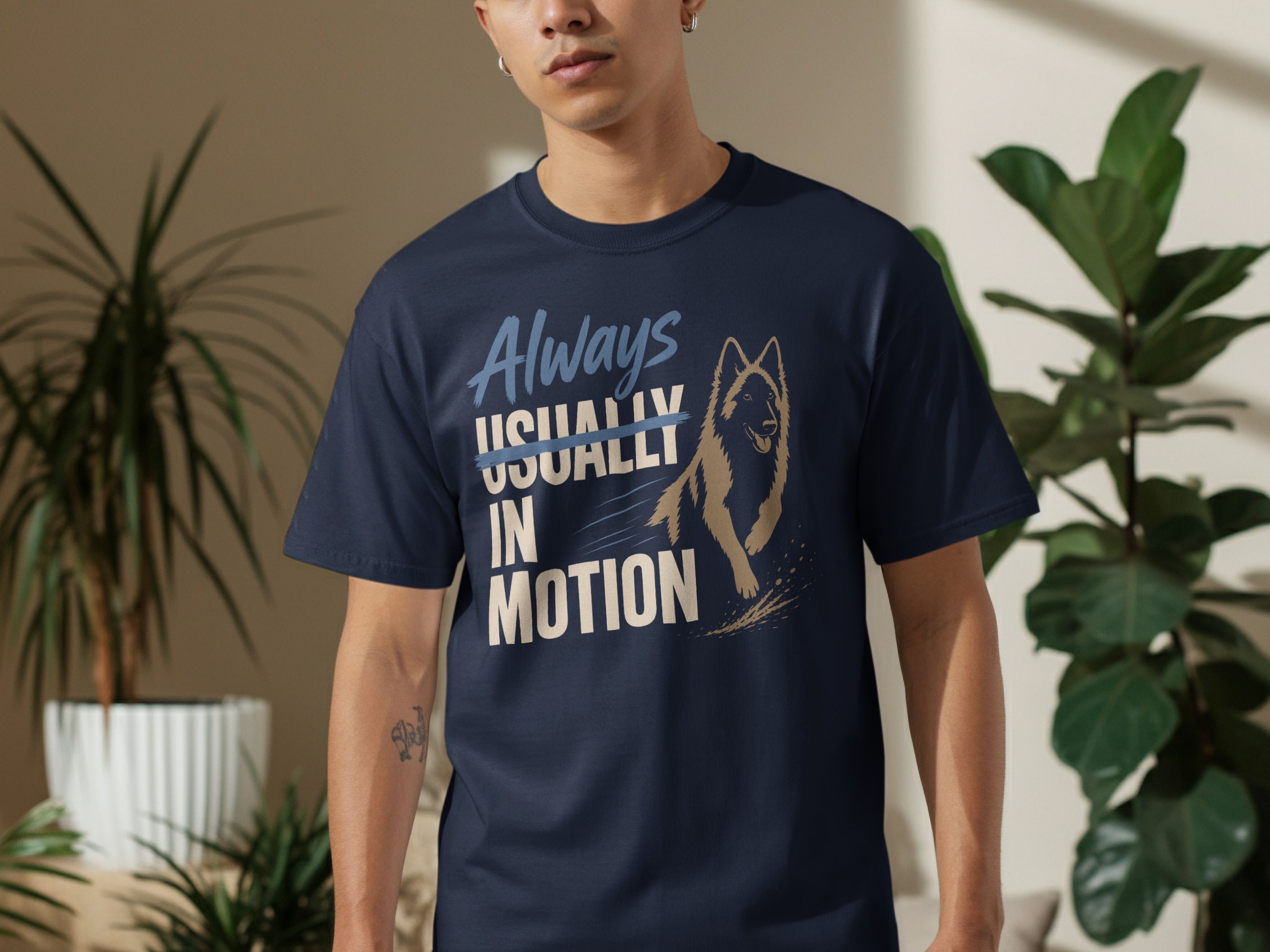 Navy t-shirt with "Always Usually In Motion" and a German Shepherd graphic.