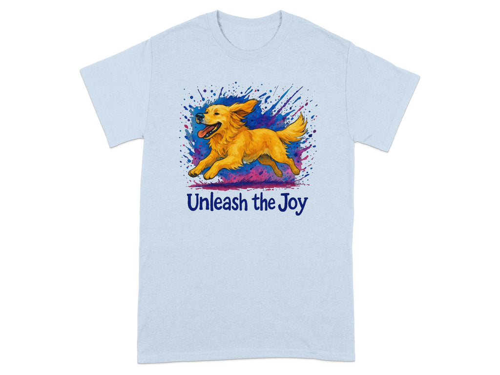Light blue t-shirt with golden retriever running and "Unleash the Joy" text.