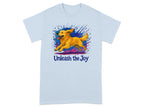 Light blue t-shirt with golden retriever running and "Unleash the Joy" text.