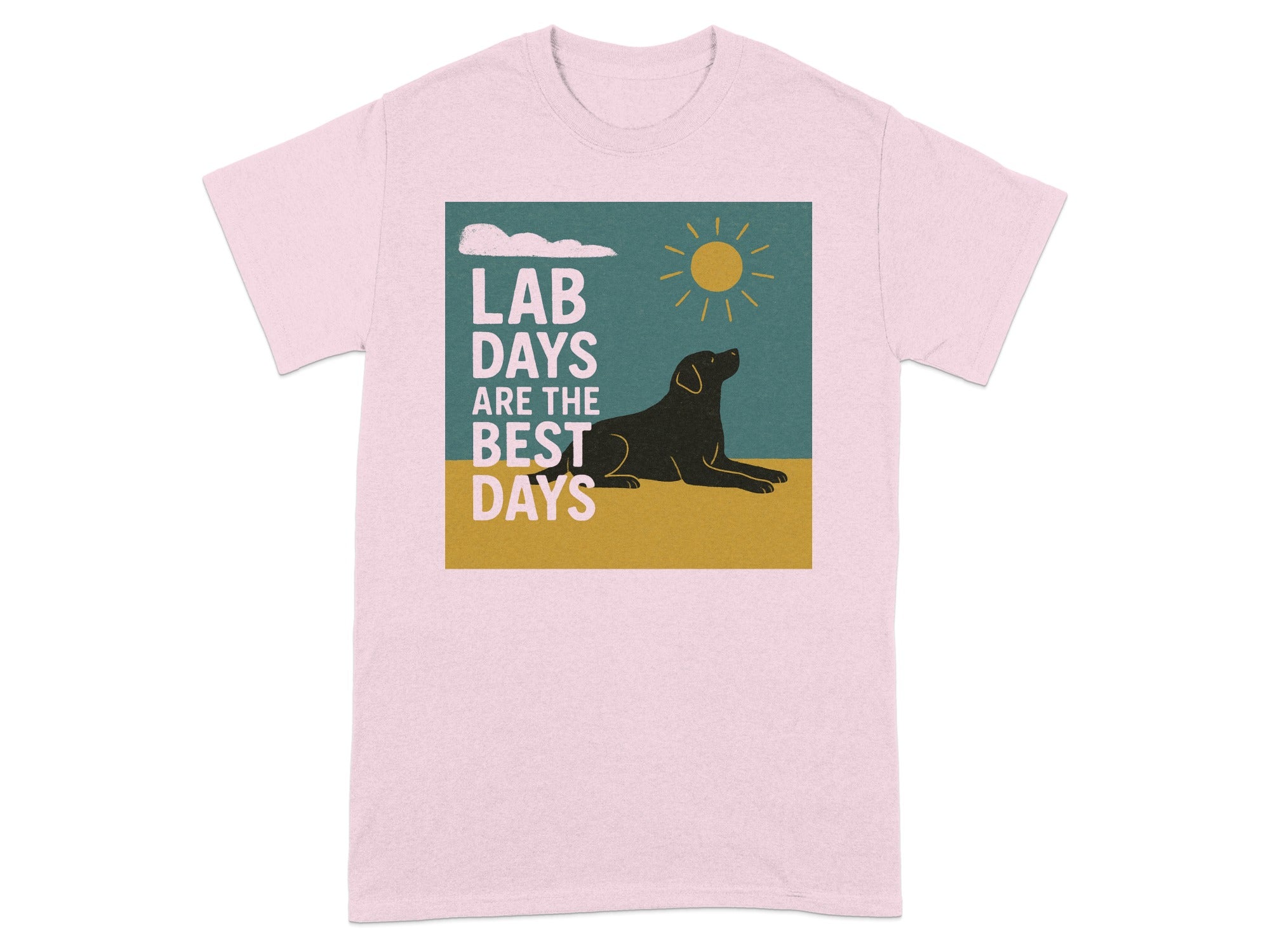 Pink t-shirt with a graphic of a black lab, sun, and clouds, reading "LAB DAYS ARE THE BEST DAYS".