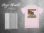 Gildan 5000 heavy cotton t-shirt size chart with dog graphic.