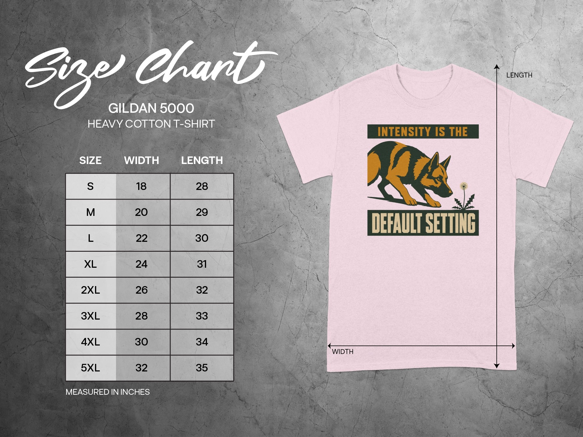 Gildan 5000 heavy cotton t-shirt size chart with dog graphic.