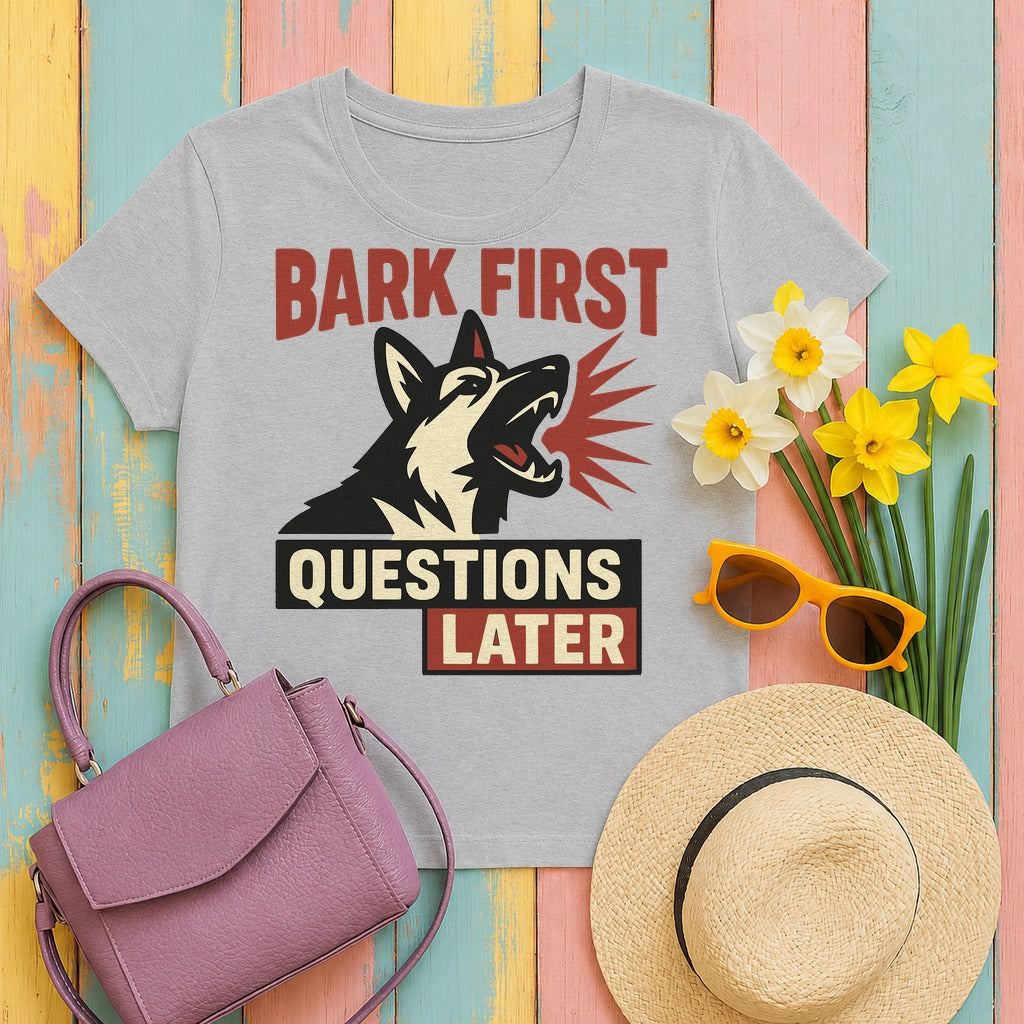 Bark First Questions Later German Shepherd T-Shirt in Sport Grey