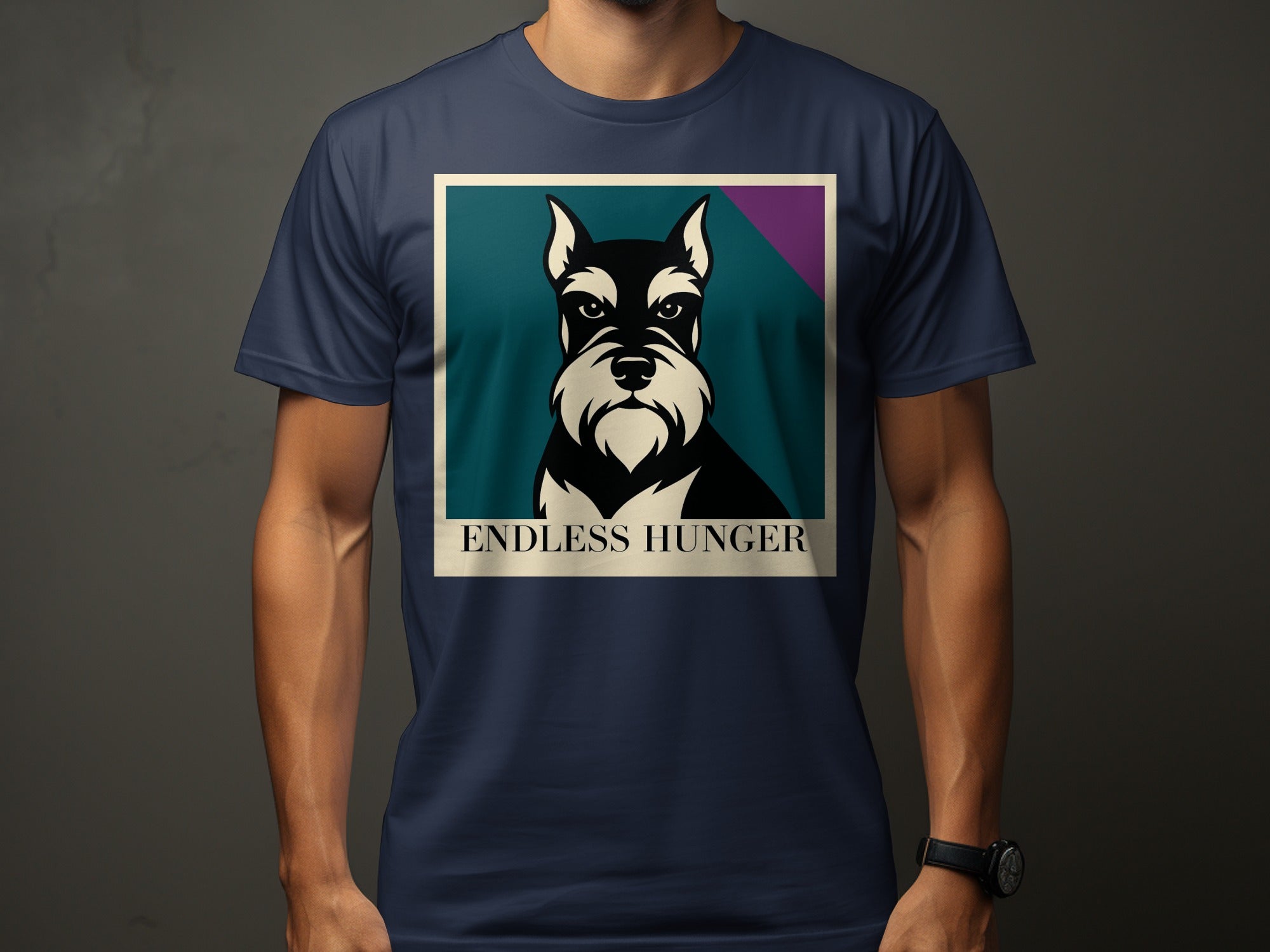 Schnauzer portrait with "ENDLESS HUNGER" text on dark blue t-shirt.