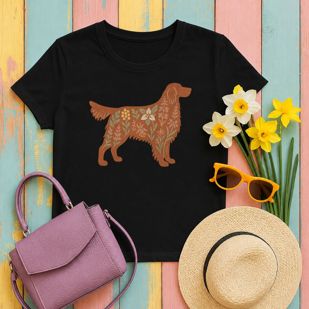 Floral Irish Setter Dog Silhouette Art Illustration T-Shirt in Black