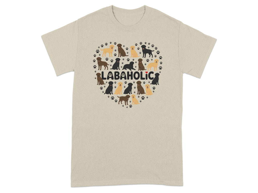 T-shirt with a heart design of labradors and paw prints, "LABAHOLIC" text.
