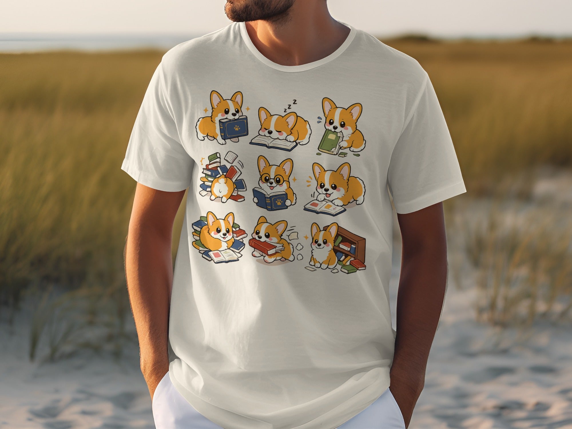 Cream t-shirt with cartoon corgis interacting with books.