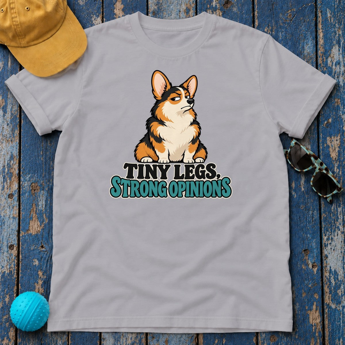 Tiny Legs Strong Opinions Corgi T-Shirt in Athletic Heather - flat lay