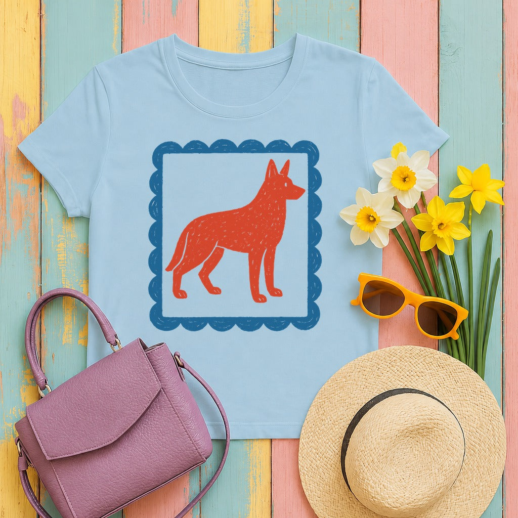 German Shepherd Stamp With Blue Border Decorative Design T-Shirt in Light Blue