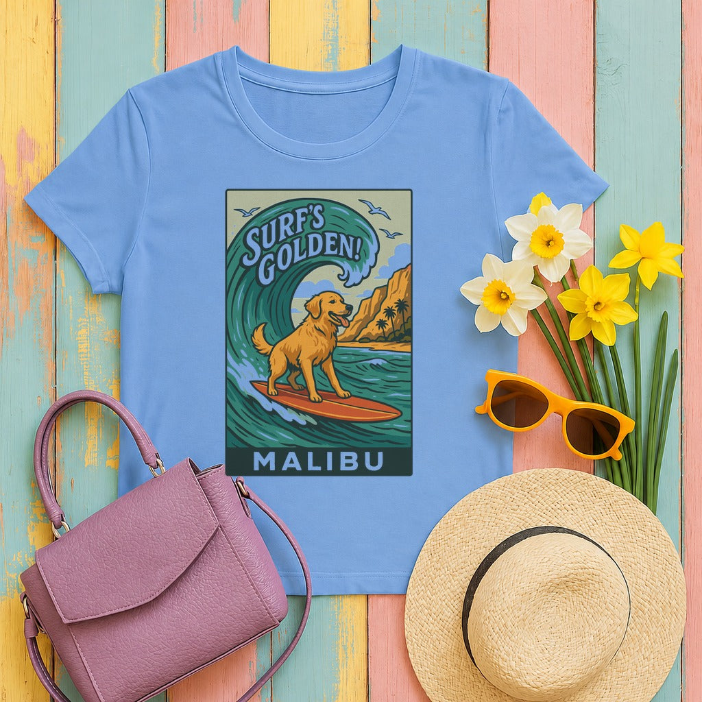 Surf's Golden Malibu Surfing Golden Retriever Dog T-Shirt in Carolina Blue