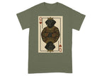 Queen of Hearts playing card featuring a black Labrador wearing a crown and ornate robe.