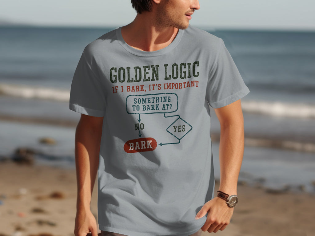 Grey t-shirt with "Golden Logic" flowchart about barking.