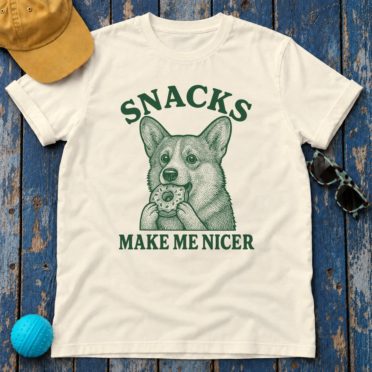 Snacks Make Me Nicer Corgi with Donut Graphic T-Shirt in Natural
