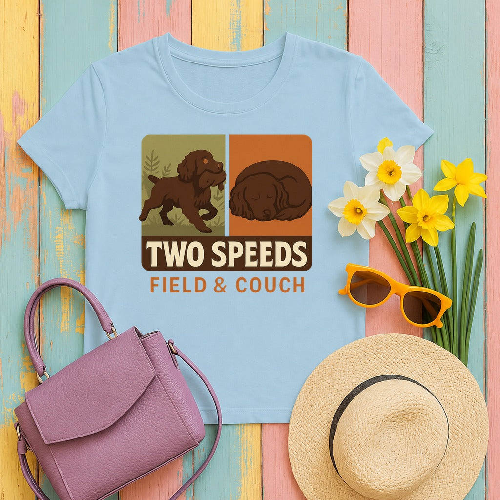 Boykin Spaniel Two Speeds Field and Couch T-shirt in Light Blue