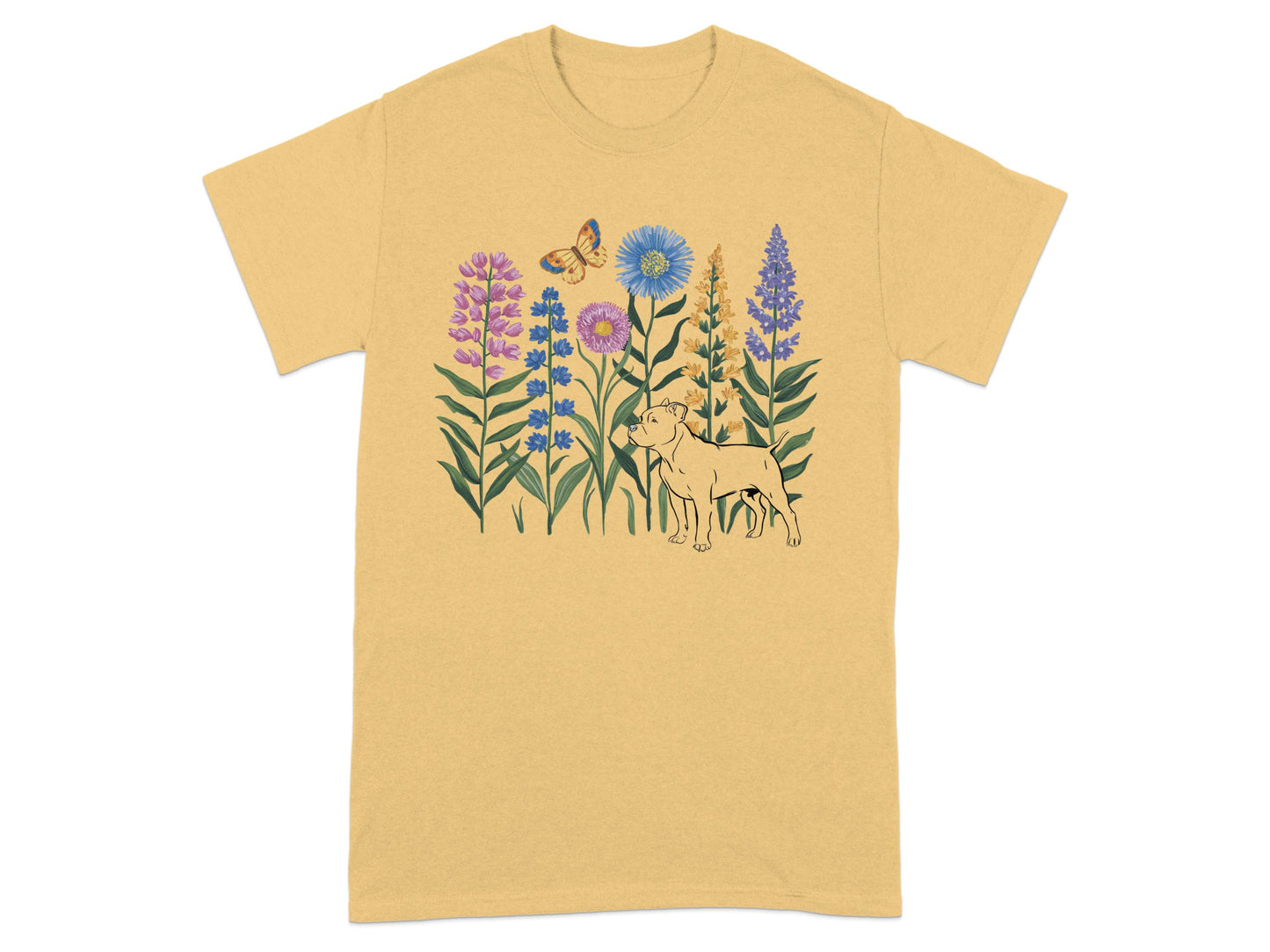 Floral Dog and Butterfly Graphic Yellow T-Shirt product type