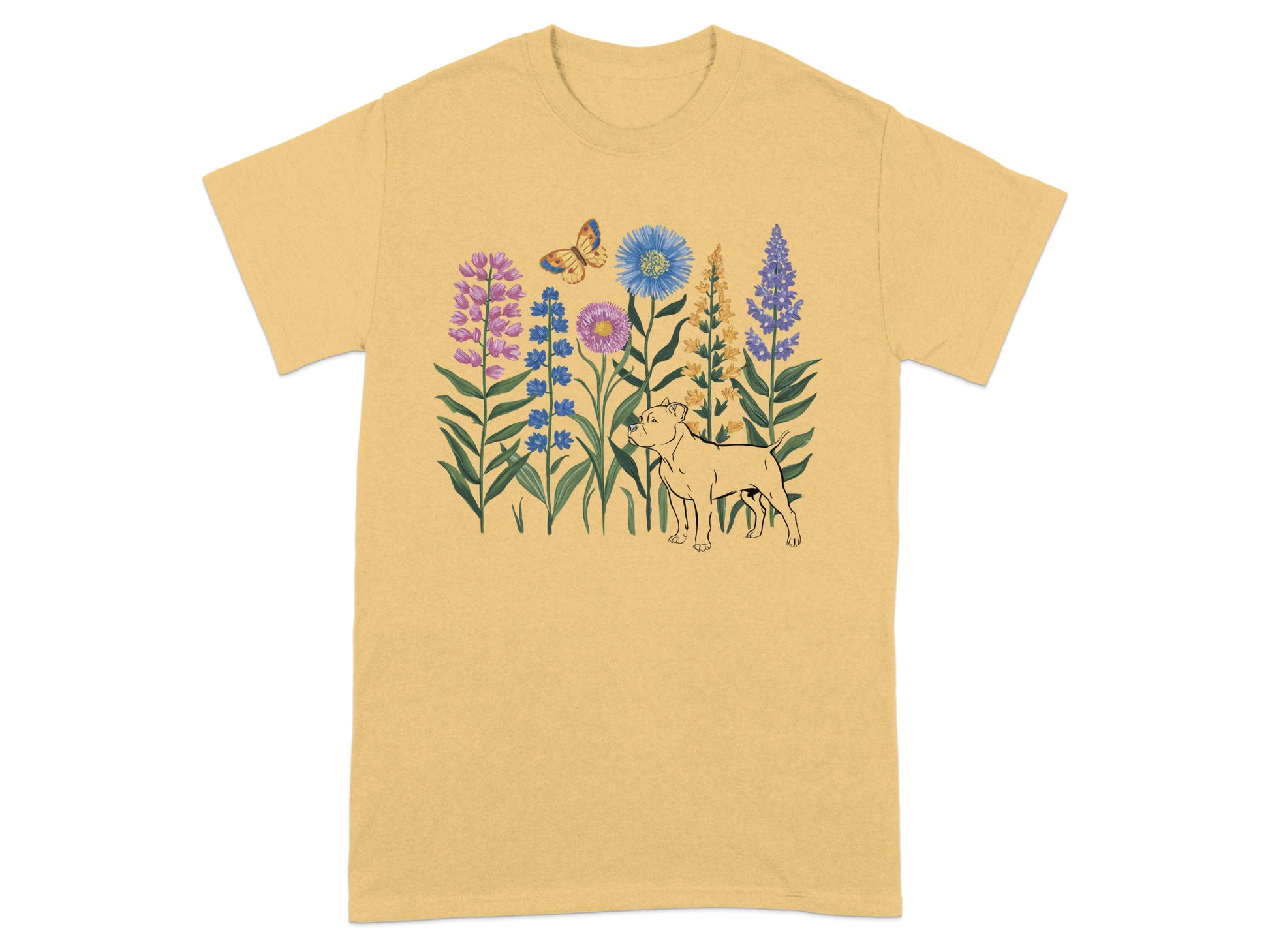 Floral Dog and Butterfly Graphic Yellow T-Shirt product type