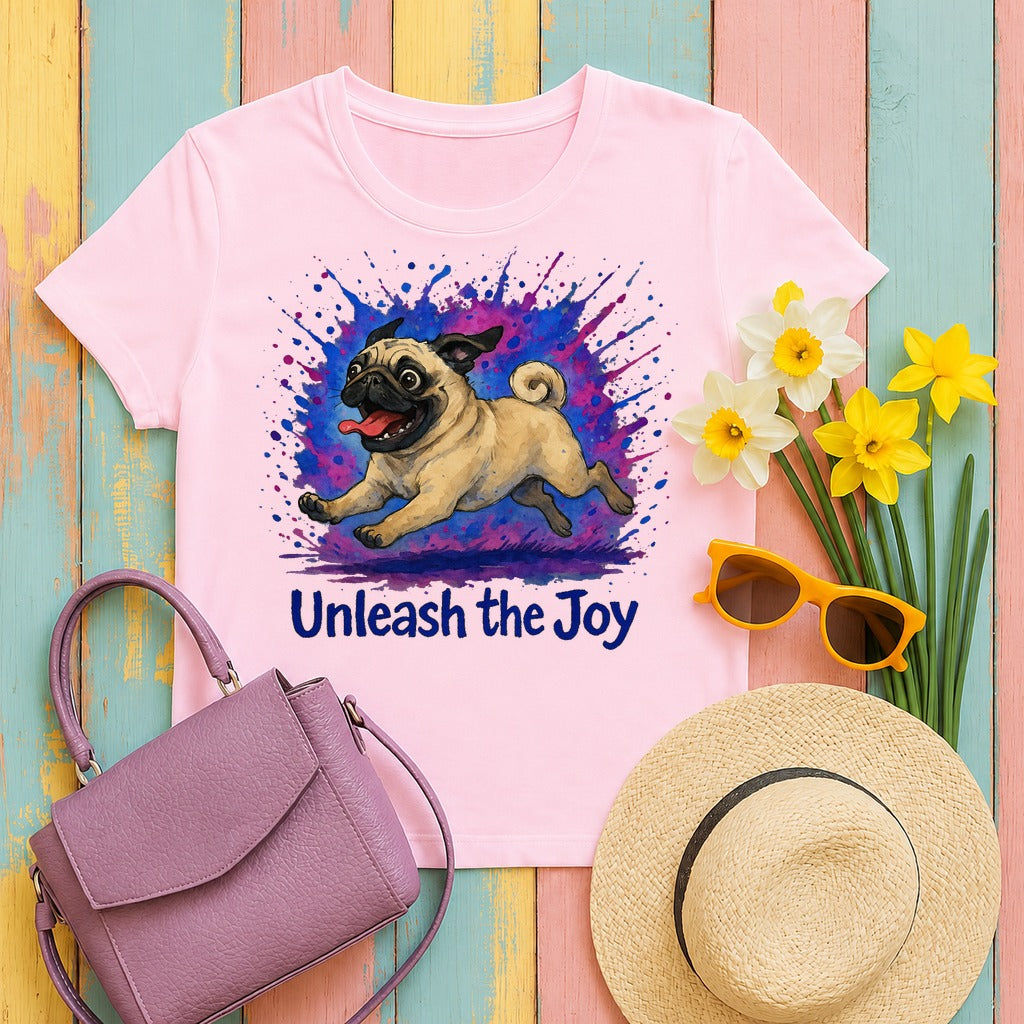 Joyful Pug Splash T-Shirt in Light Pink