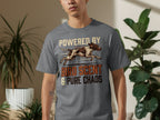 Gray t-shirt with graphic of running dog and text "POWERED BY BIRD SCENT & PURE CHAOS".