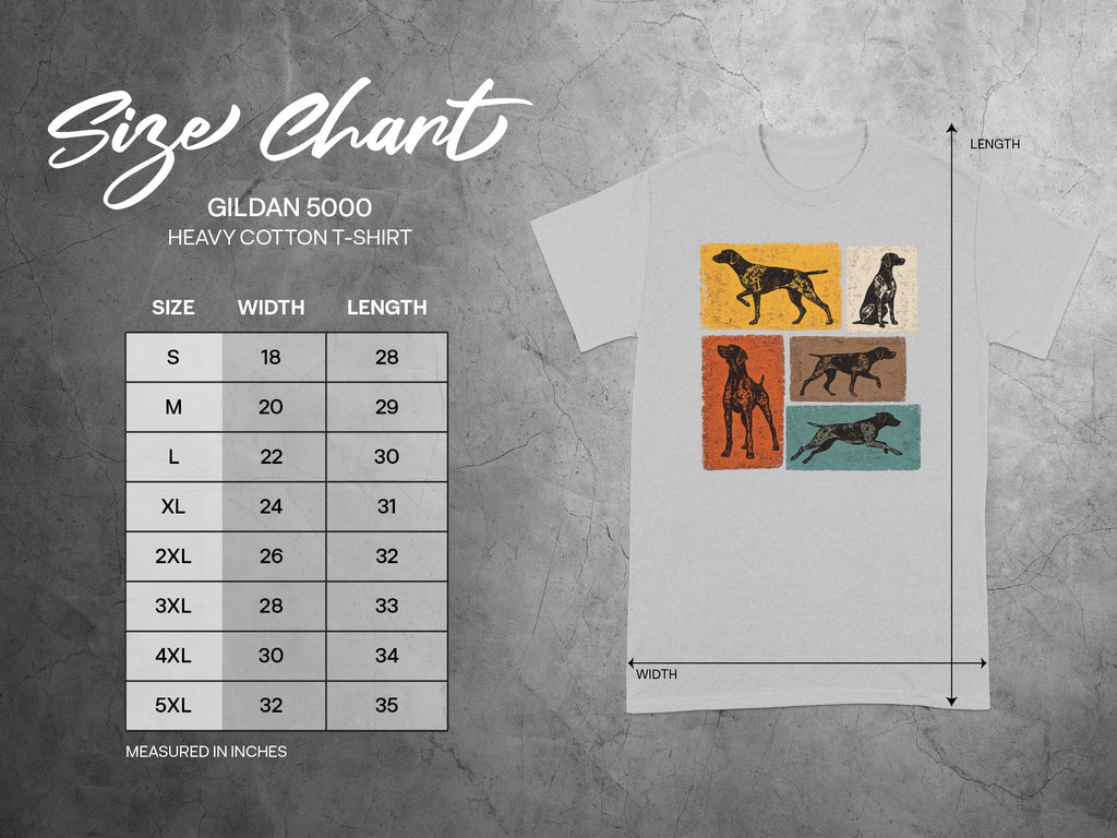 GILDAN 5000 Heavy Cotton T-Shirt size chart with dog graphics.