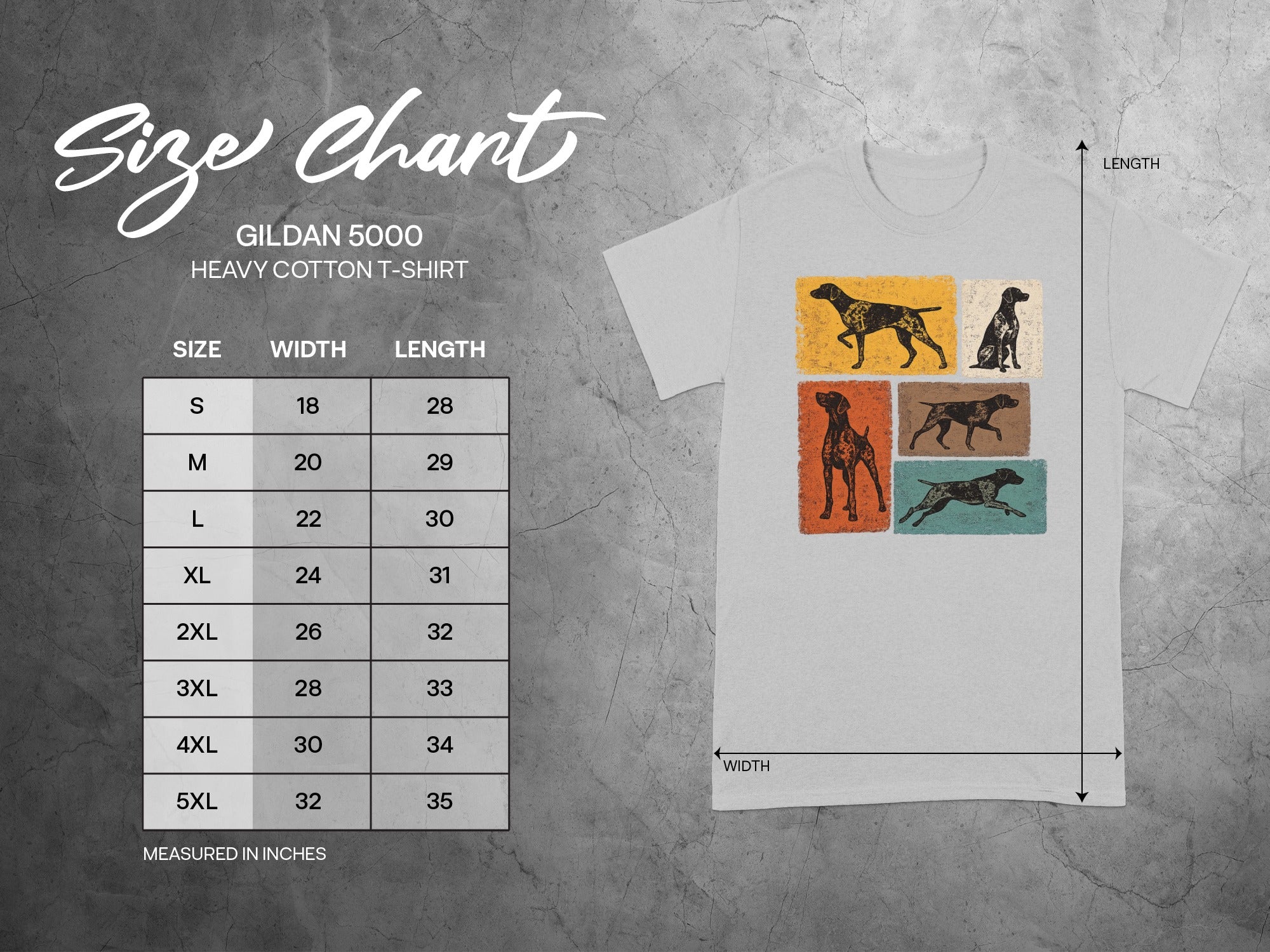 GILDAN 5000 Heavy Cotton T-Shirt size chart with dog graphics.