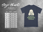 Gildan 5000 t-shirt size chart with poodle graphic and "PLAYFUL. PERCEPTIVE. POODLE."